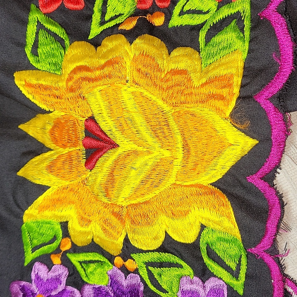 Floral Embroidered Womens Dress - Black with Multicolor Accents Off Shoulder - Picture 3 of 4
